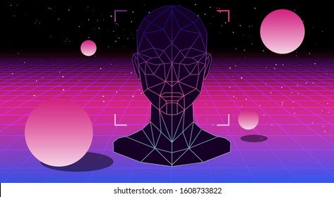 Retrowave/ vaporwave/ synthwave style illustration with 3d grid of human head with floating in zero gravity spheres on laser grid. Surreal retrofuturistic backround.