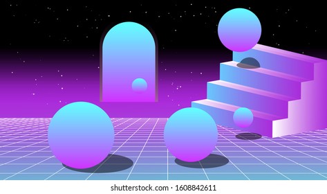 Retrowave/ vaporwave/ synthwave style illustration with staircase and arch on laser grid with floating in zero gravity spheres above. Surreal retrofuturistic background.