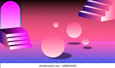 Retrowave/ vaporwave/ synthwave style illustration with staircase and arch on laser grid with floating in zero gravity spheres above. Surreal retrofuturistic background