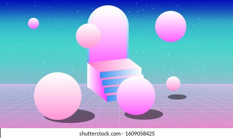 Retrowave/ vaporwave/ synthwave style illustration with staircase and arch on laser grid with floating in zero gravity spheres above. Surreal retrofuturistic backround.