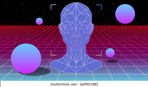 Retrowave/ vaporwave/ synthwave style illustration with 3d grid of human head with floating in zero gravity spheres on laser grid. Surreal retrofuturistic backround.