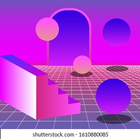 Retrowave/ vaporwave/ synthwave style illustration with staircase and arch on laser grid with floating in zero gravity spheres above. Surreal retrofuturistic backround.