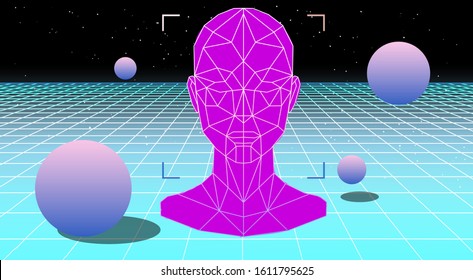 Retrowave/ vaporwave/ synthwave style illustration with 3d grid of human head with floating in zero gravity spheres on laser grid. Surreal retrofuturistic backround.