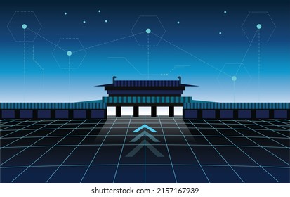 Ilustración vectorial de la retroonda, cuadrícula de perspectiva del ciberpunk con templo tradicional asiático