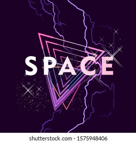 Retrowave virtual reality, laser sky show, sci-fi , neon on a background of a triangle in starry space. synthwave vector background