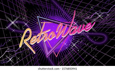 Retrowave virtual reality, laser sky show, sci-fi horizontal banner, neon on a background of a triangle in starry space. synthwave vector background