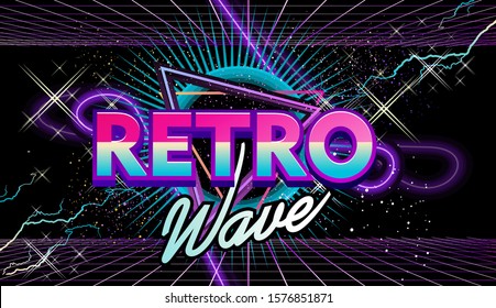 Retrowave virtual reality, laser sky show, sci-fi horizontal banner, neon on a background of a triangle in starry space. synthwave vector background