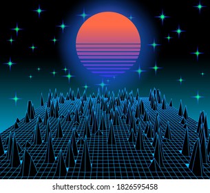 Retrowave VJ videogame landscape, neon low poly terrain grid. Stylized vintage vaporwave 3d illustration with mountains, sun and stars in 80s retro futuristic sci-fi style.