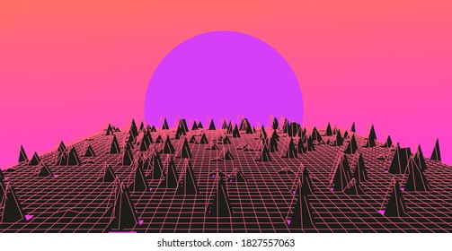 Retrowave VJ videogame landscape, neon low poly terrain grid. Stylized vintage vaporwave 3d illustration with mountains and sun n 80s retro futuristic sci-fi style.