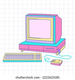 Retrowave y2k pc. An old computer with a CRT monitor on a grid background