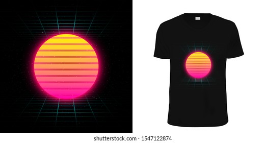 Retrowave yellow pink gradient glowing sun on blue laser grid background in starry space. VHS effect. Typography, print, vector illustration. Eps 10. 