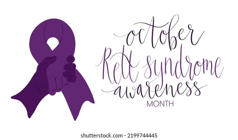 Rett Syndrome Awareness Month October handwritten lettering and purple support ribbon. Web banner vector template art