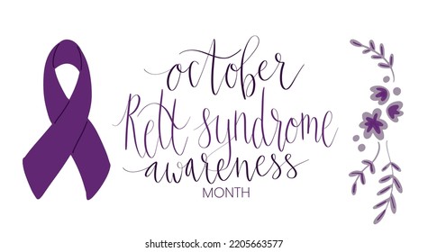 Rett Syndrome Awareness Month October handwritten lettering and purple support ribbon. Web banner vector template art