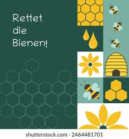 Guardar Rettet die Bienen - texto en alemán - Cartel moderno con abejas, panales y flores.