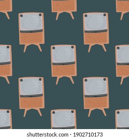 Rettro tv home decor seamless pattern in cartoon style. Navy blue pale background. Vector illustration for seasonal textile prints, fabric, banners, backdrops and wallpapers.