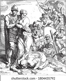 Return of Agamemnon and Cassandra to Mycenae, Agamemnon returns to Mycenae with Cassandra as spoils of war, vintage engraving.