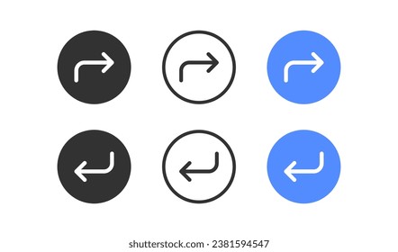 Icono de flecha de retorno. Girar el símbolo hacia atrás. Signos inversos. Restitución en los símbolos de círculo. Revertir iconos. Color negro, azul. Signo aislado del vector.