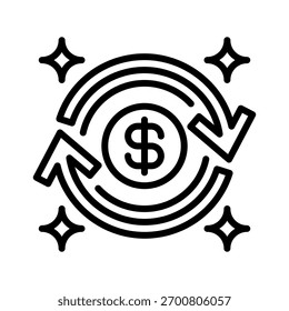 Icono de línea de flechas de retorno, símbolo de esquema para el ciclo de ganancias, flujo de inversión, recuperación comercial, rotación financiera y optimización de procesos. Icono de signo de Vector.