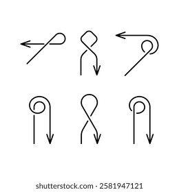 Return and back arrows set. Line style symbols of flying path trajectory parts. Sewing guide lines elements. Adjustable stroke.