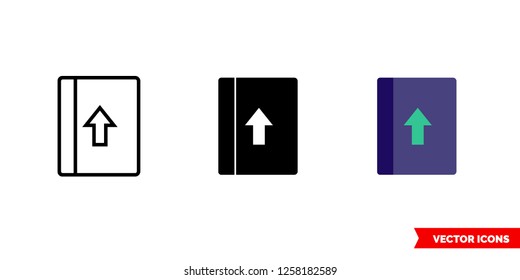 Return book icon of 3 types: color, black and white, outline. Isolated vector sign symbol.