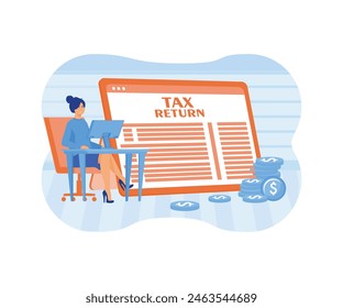 Return Concept. Businesswoman Sitting at Workplace Desk with Computer near Huge Taxation Refund Document. Money Income, Financial Statement. flat vector modern illustration 