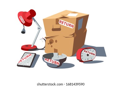 Return of damaged goods vector illustration. Broken table-lamp, smartphone, plate, clock and cardboard packaging flat style design. Repair and exchange service concept