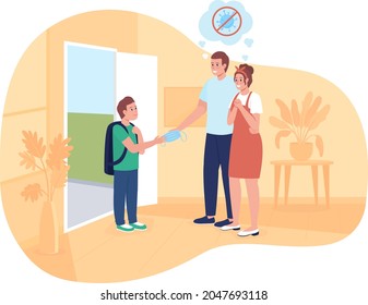 Return To Education 2D Vector Isolated Illustration. Parents Give Kid Protective Mask. Family Sending Son To Preschool Flat Characters On Cartoon Background. Back To School Colourful Scene