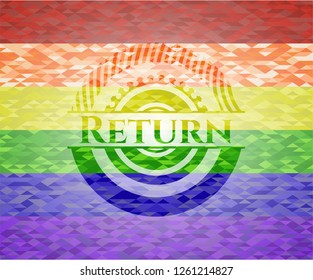Return emblem on mosaic background with the colors of the LGBT flag