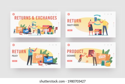 Return and Exchange Landing Page Template Set. Characters Dissatisfied with Damaged Things Delivery, Cracked Laptop, Cup and Smartphone, Courier Drop Parcel. Cartoon People Vector Illustration