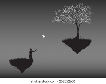Return to the fairy land, life on flying rock, let go the white, pigeon,  in the fantasy dream,girl and pigeons, back home, black and white, shadows