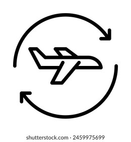 Return flight icon. Plane with return arrows. Outline style. Isolate on white background.