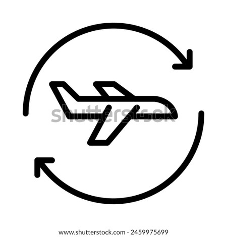 Return flight icon. Plane with return arrows. Outline style. Isolate on white background.