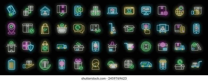 Return of goods icons set outline vector. Agreement certificate. Return shop neon color on black