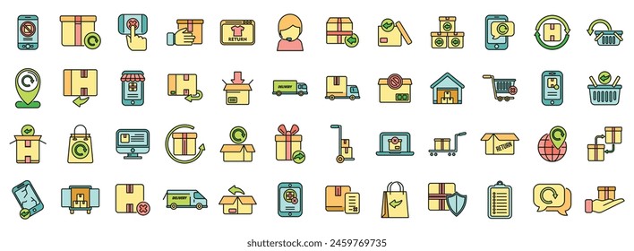 Return of goods icons set outline vector. Agreement certificate. Return shop thin line color flat on white