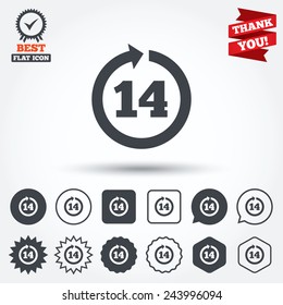 Return of goods within 14 days sign icon. Warranty exchange symbol. Circle, star, speech bubble and square buttons. Award medal with check mark. Thank you. Vector