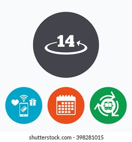 Return of goods within 14 days sign icon. Warranty exchange symbol. Mobile payments, calendar and wifi icons. Bus shuttle.