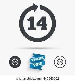 Return of goods within 14 days sign icon. Warranty exchange symbol. Flat icons. Buttons with icons. Thank you ribbon. Vector