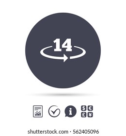 Return of goods within 14 days sign icon. Warranty exchange symbol. Report document, information and check tick icons. Currency exchange. Vector