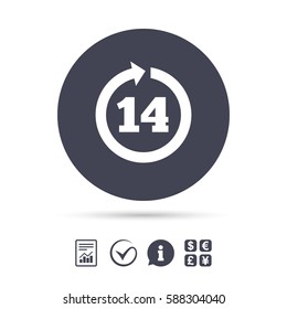 Return of goods within 14 days sign icon. Warranty exchange symbol. Report document, information and check tick icons. Currency exchange. Vector