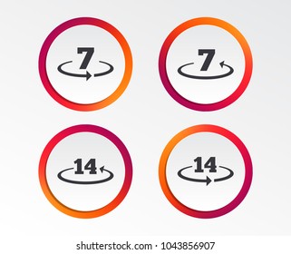 Return Of Goods Within 7 Or 14 Days Icons. Warranty 2 Weeks Exchange Symbols. Infographic Design Buttons. Circle Templates. Vector