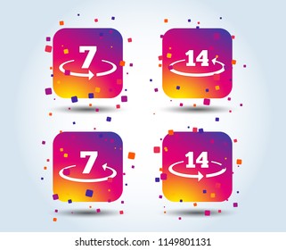 Return of goods within 7 or 14 days icons. Warranty 2 weeks exchange symbols. Colour gradient square buttons. Flat design concept. Vector