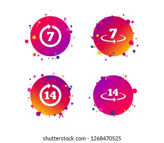 Return of goods within 7 or 14 days icons. Warranty 2 weeks exchange symbols. Gradient circle buttons with icons. Random dots design. Vector