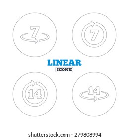 Return of goods within 7 or 14 days icons. Warranty 2 weeks exchange symbols. Linear outline web icons. Vector