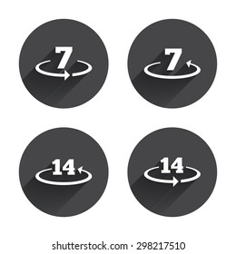 Return of goods within 7 or 14 days icons. Warranty 2 weeks exchange symbols. Circles buttons with long flat shadow. Vector