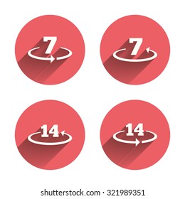 Return of goods within 7 or 14 days icons. Warranty 2 weeks exchange symbols. Pink circles flat buttons with shadow. Vector