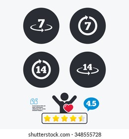 Return of goods within 7 or 14 days icons. Warranty 2 weeks exchange symbols. Star vote ranking. Client like and think bubble. Quotes with message.