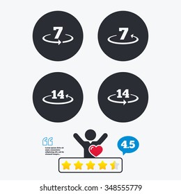 Return of goods within 7 or 14 days icons. Warranty 2 weeks exchange symbols. Star vote ranking. Client like and think bubble. Quotes with message.