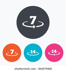 Return of goods within 7 or 14 days icons. Warranty 2 weeks exchange symbols. Circle flat buttons with icon.
