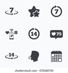 Return of goods within 7 or 14 days icons. Warranty 2 weeks exchange symbols. Flat talking head, calendar icons. Stars, like counter icons. Vector