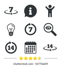 Return of goods within 7 or 14 days icons. Warranty 2 weeks exchange symbols. Information, light bulb and calendar icons. Investigate magnifier. Vector